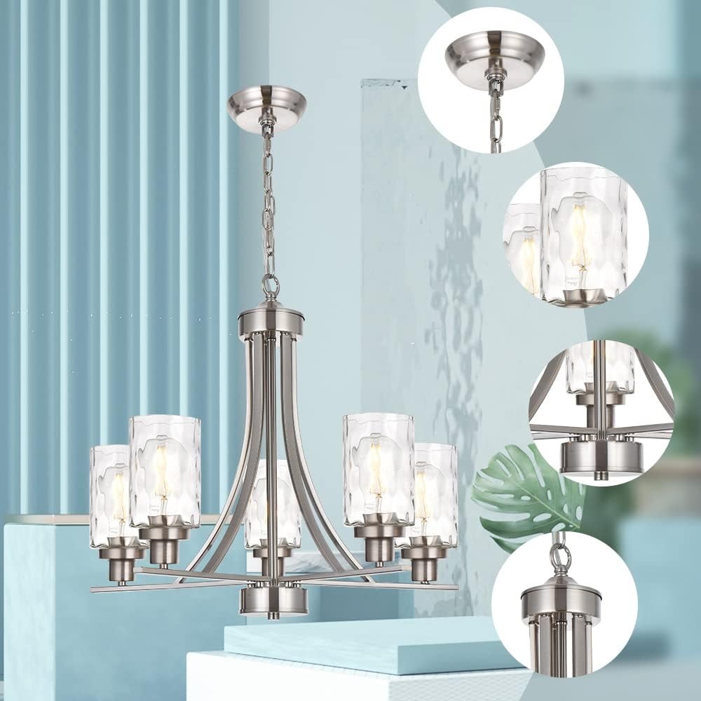 BONLICHT 5 Light Modern Chandeliers Brushed Nickel Kitchen Island Dining Room Lighting Fixtures Ceiling Hanging Clear Hammered Glass Pendant Lamp Transitional Pendant Lights for Living Room Foyer