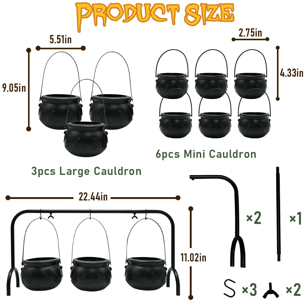 Halloween Cauldron Set with Rack - 3 Large & 6 Mini Black Plastic Flaming Cauldrons Candy Bowls for Indoor/Outdoor Hocus Pocus Party Decor, Witch Kitchen Serving & Haunted House Table Decorations