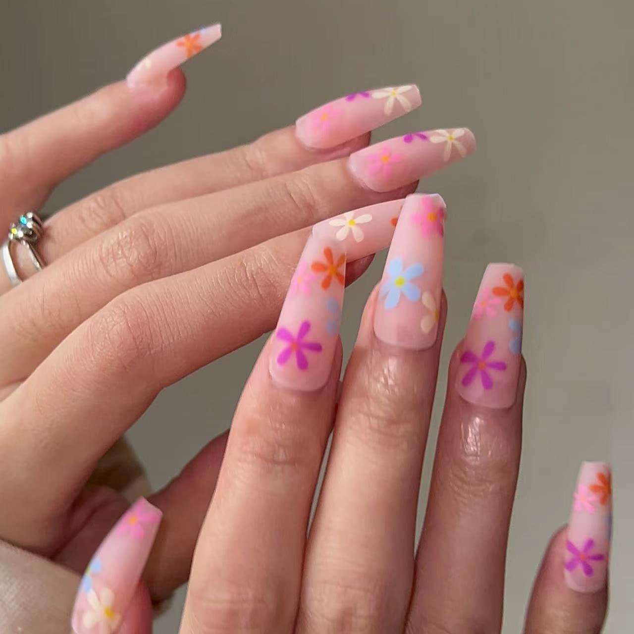 BABALAL Matte Press on Nails Long Coffin Fake Nails Pink Glue on Cute Acrylic False Nails with Flower Design for Women and Girls