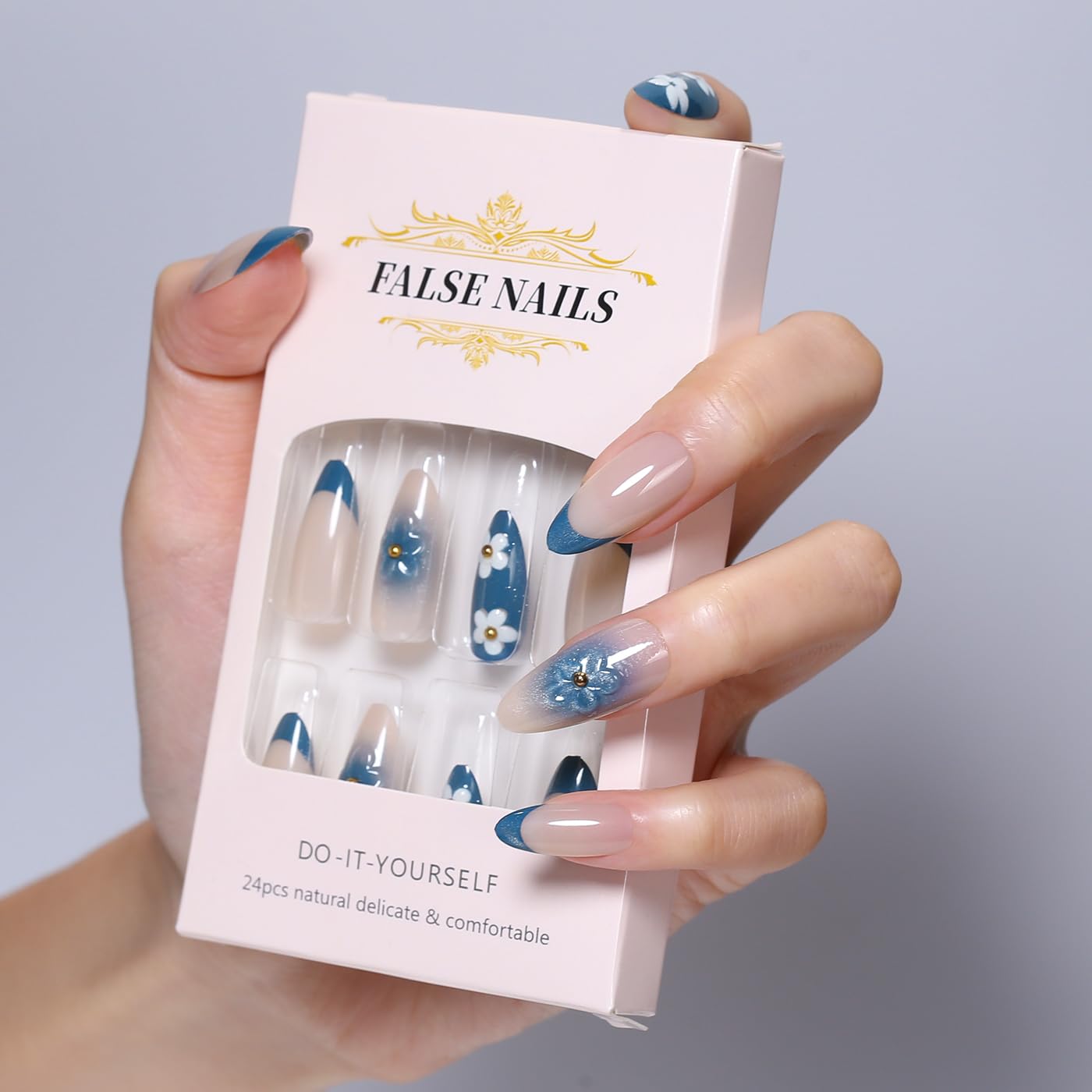 Goolich Glitter Navy Blue French Tip Press On Nails Medium Almond, Bead with 3D Floral Nails Press ons Set with Adhesive Tabs, 24 Pcs 12 Size Reusable Full Cover Glue on Nails for Women
