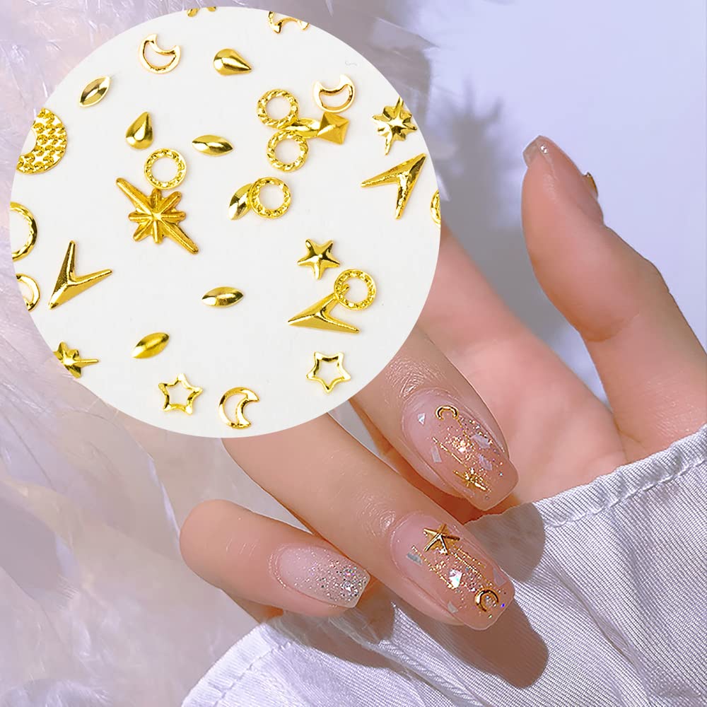 DZHILHMX 3D Nail Charms - Gold Star, Moon, Multiple Shape Gem, 3 Boxes, Metal Nail Decoration Studs, for Nail Art