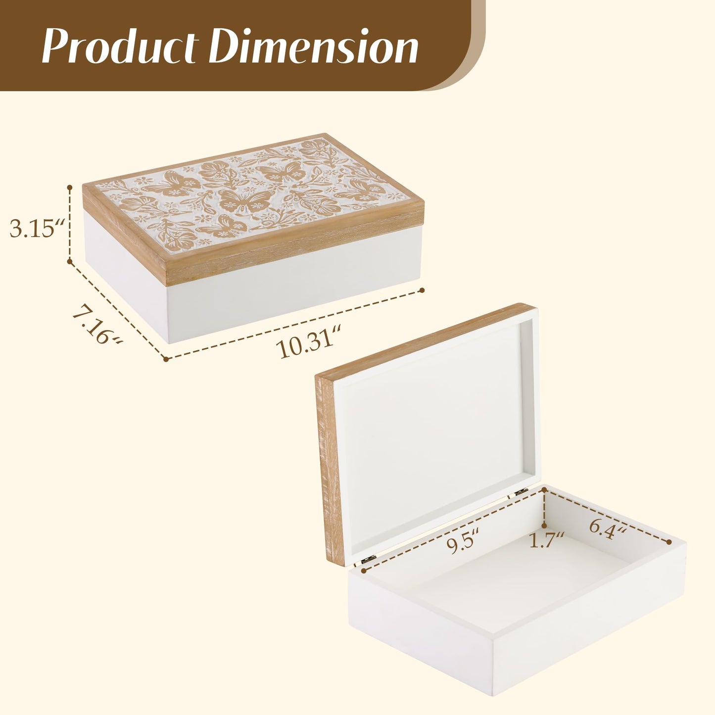Synovana Wooden Keepsake Box - Decorative Wood Boxes with Hinged Lid, Butterfly Engraved Design, 10.24" W