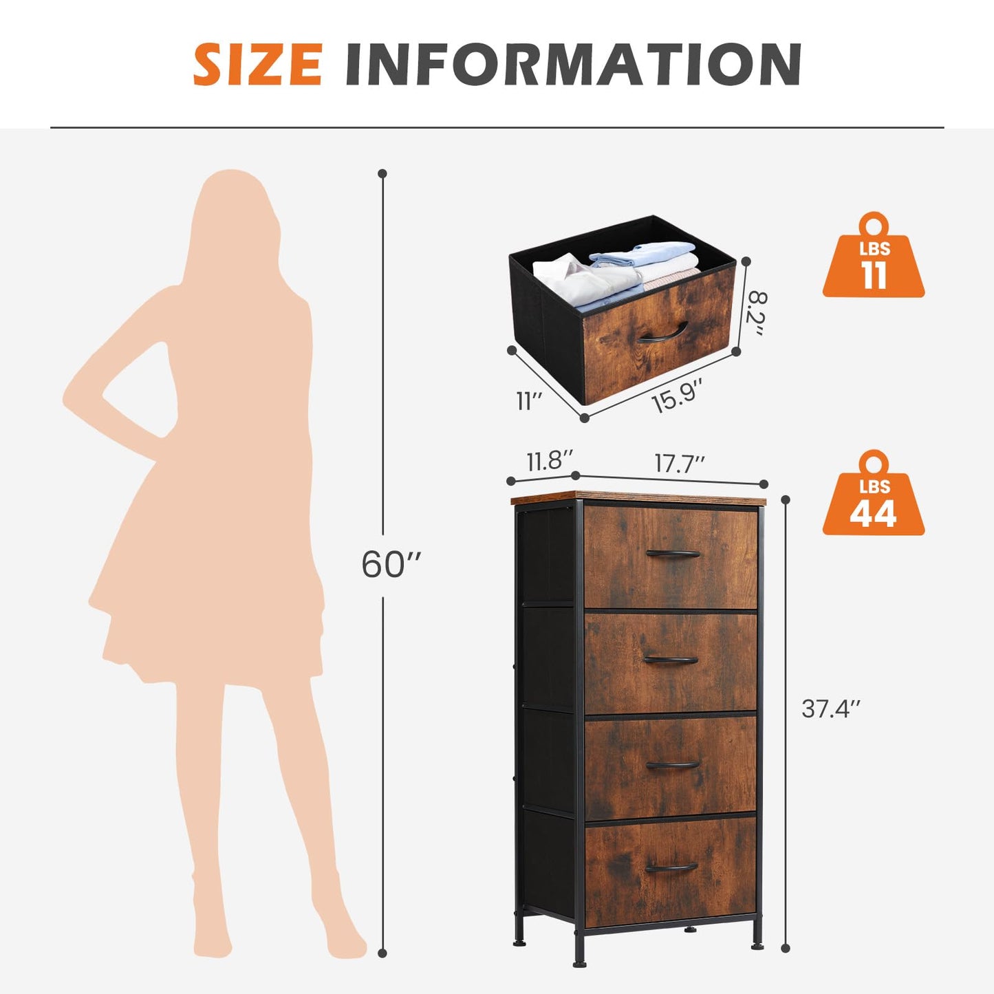 Sweetcrispy 4 Drawer Dresser, Fabric Storage Tower Organizer with Sturdy Steel Frame and Wood Top, Easy Pull Handles, for Bedroom, Closet, Entryway, Hallway, Brown