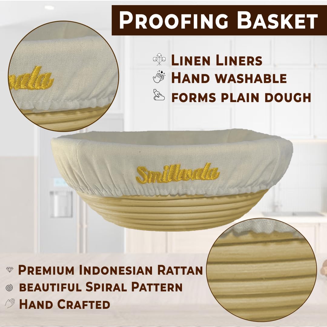 Banneton Bread Proofing Basket 9” Round with Maximum 6 Bread Making Tools and Supplies by SMILLWALA Proofing Baskets for Sourdough Bread Baking Supplies Kit, Gift for Bakers, Natural