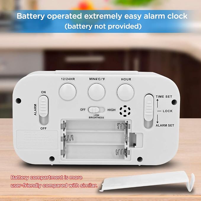 Peakeep Night Light Digital Alarm Clock Battery Operated Indoor Temperature | Small Cordless Cute Clock for Bedroom Desk Travel, Simple to Use for Teens Kids (White)