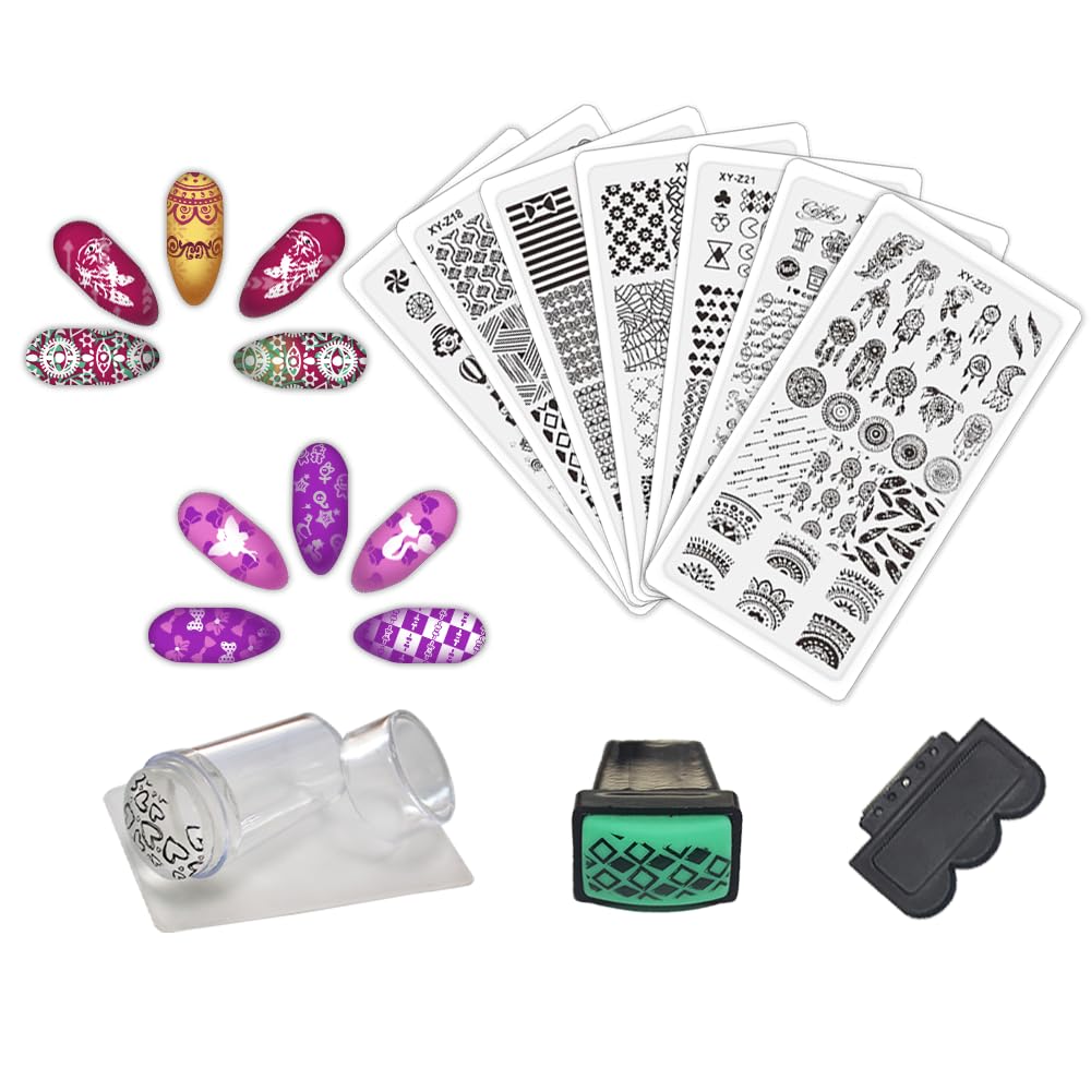 Beauty Leader Nail Art Stamping Template Mix Design 7Pcs Image Plates with White Plastic Plate Holder+1 Pcs Square Rubber Stamper DIY Nail Art Image Stamp Plate(17-23)