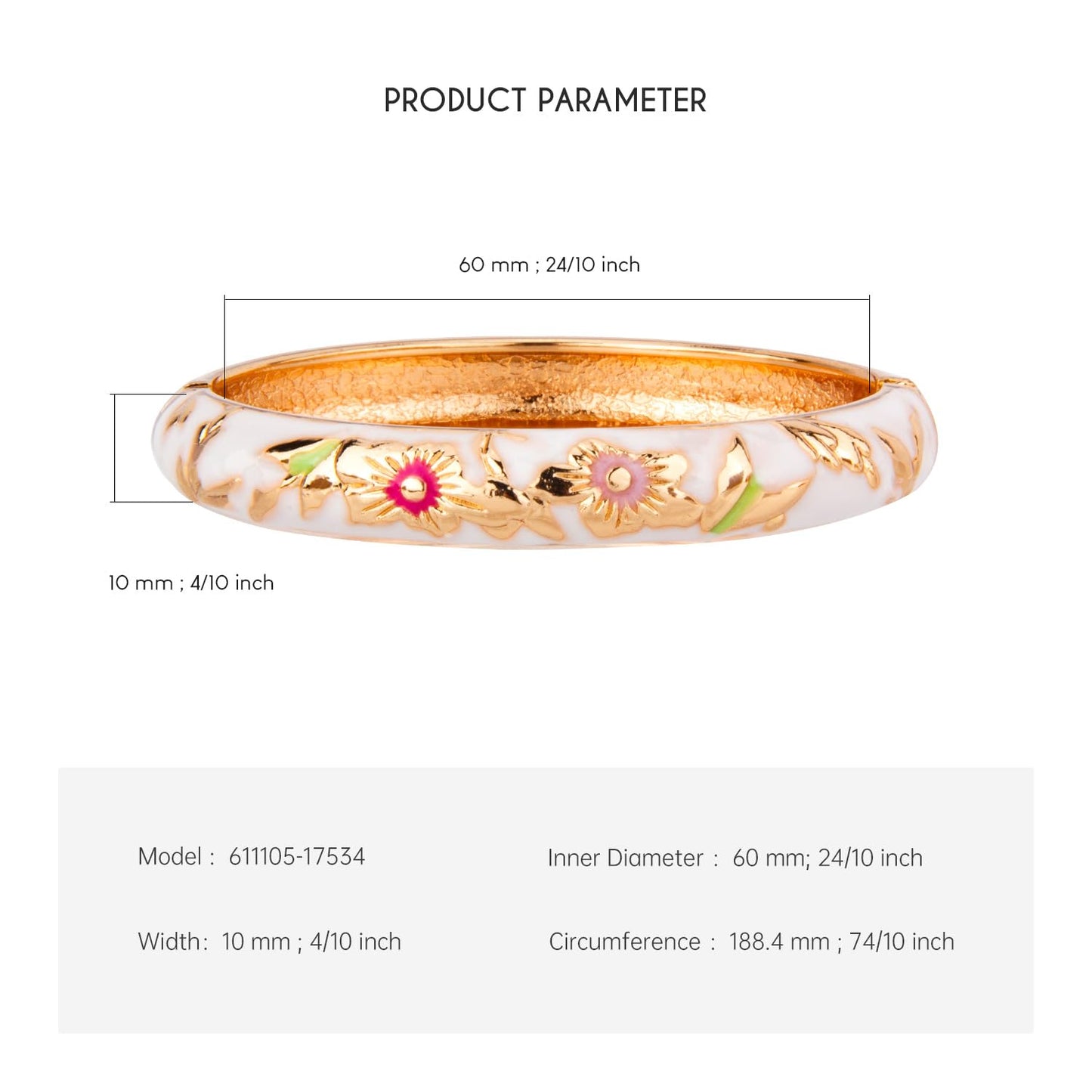 UJOY Flowers Bracelet Multi-Colors Cloisonne Wedding Jewelry Gift Women Enameled Bangles Opening Hinged 55A103 White