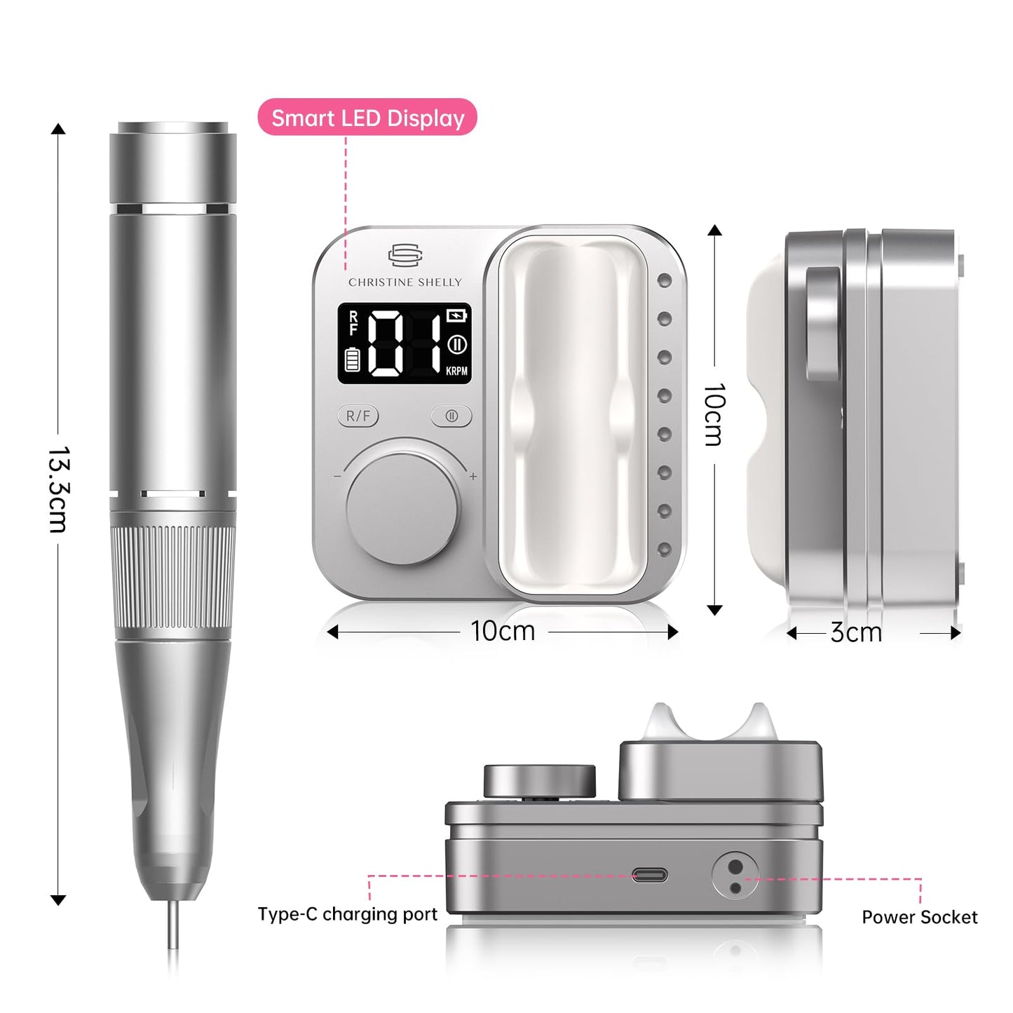 Rechargeable Nail Drill CHRISTINE SHELLY: 35000 PRM Electric Nail File, Professional Efile Nail Drill with Bits Kit for Acrylic Gel Polishing Removing