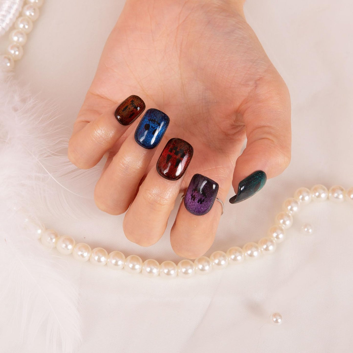 LOVFUL Press on Nails Spectral Jack-o'-lantern| Handmade with Full Covered Crystals | Reusable Fake Nails | Square Short 0.8 in | H336-S