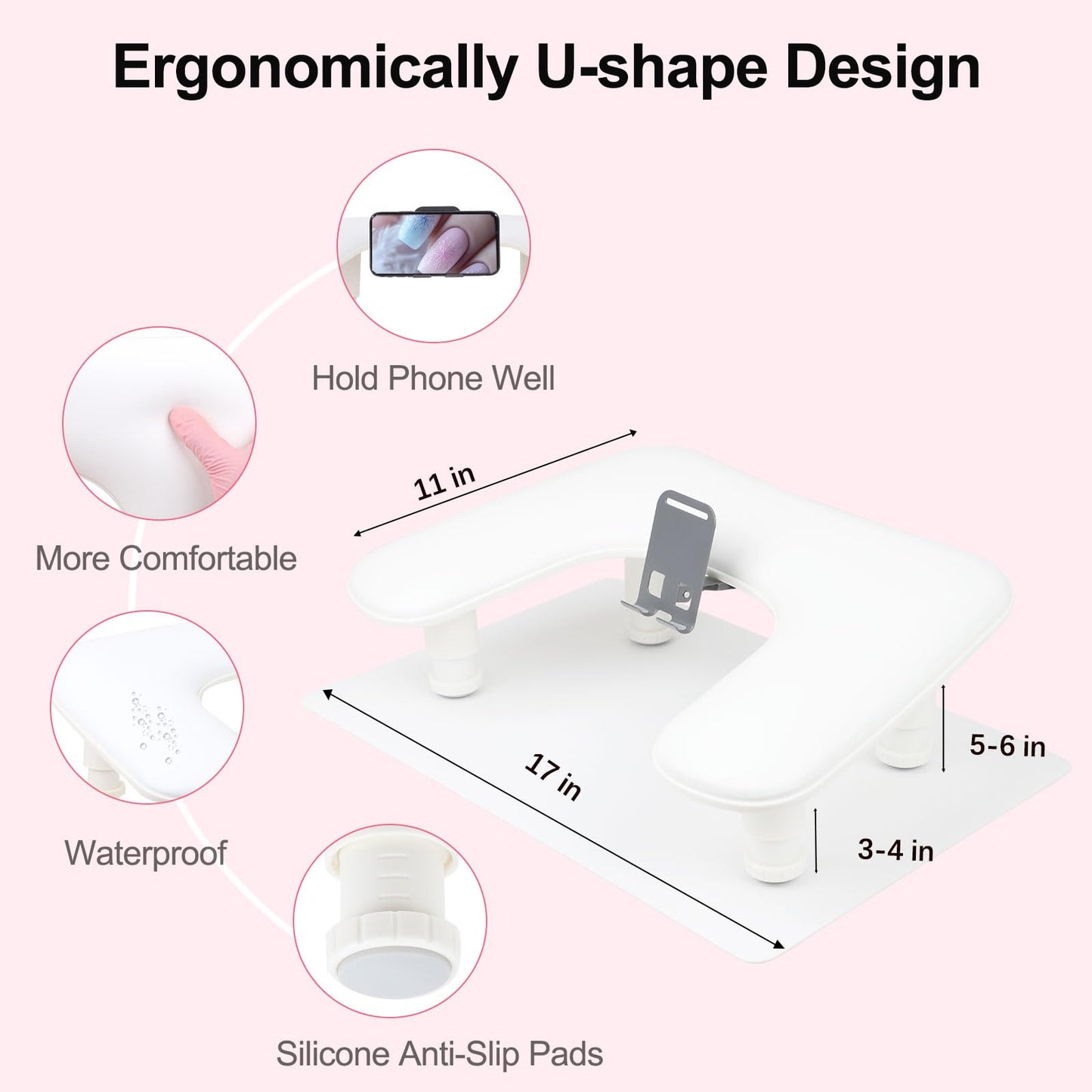 Arm Rest for Nails Tech with Nail Table Mat and Phone Holder,Adjustable Base U-shaped Manicure Nail Hand Rest Stand Pillow Cushion (White)