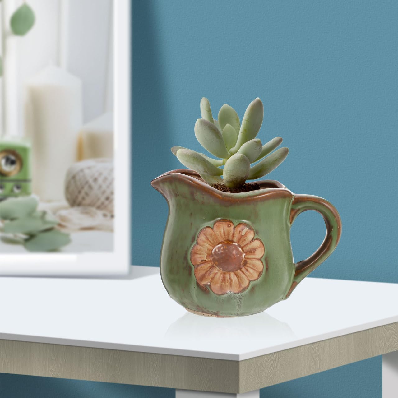 Mipcase Retro Ceramic Plant Pot with Daisy Pattern and Handle Small Indoor Succulent Planter 5.31X3.34X3.93 Inches Gardening Pot for Home and Office Decor