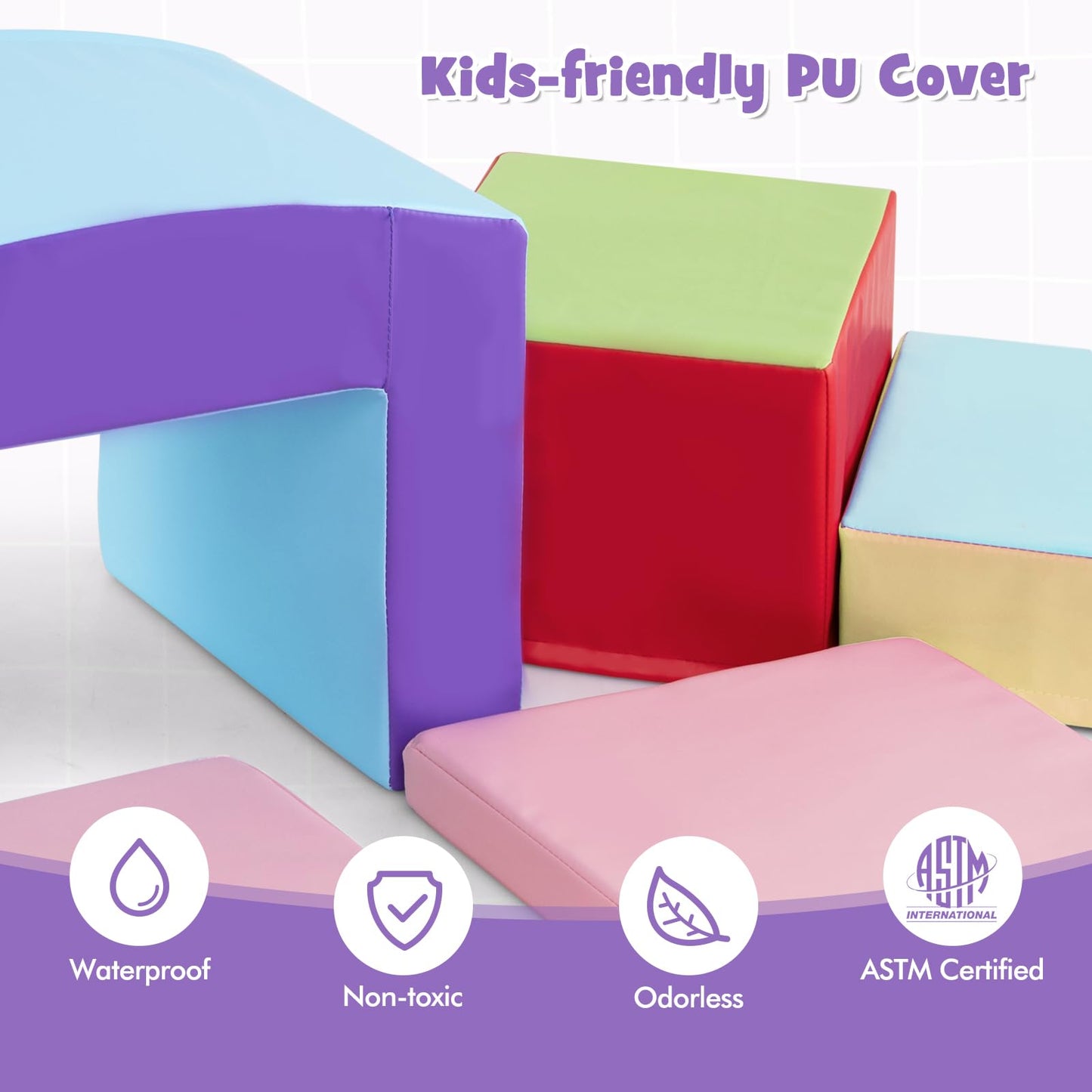 Olakids Climbing Toys for Toddlers, 7 Pieces Indoor Baby Foam Blocks Soft Play Set with PU Leather, Kids Climb and Crawl Sliding Activity Structure Gym Playground Climber