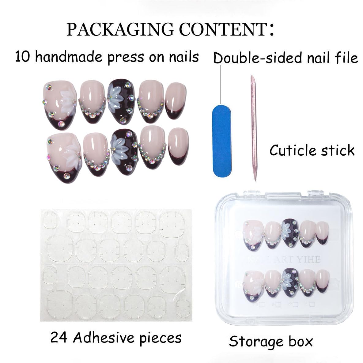 10Pcs Short Almond Handmade Press On Nails | Easy Apply & Remove, Reusable Salon Quality Nails | Elegant Burgundy French Tip Fake Nails with 3D Floral & Rhinestone Accents (RR04, S)