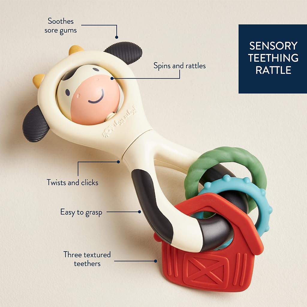 Itzy Ritzy Spinner Rattle Toy – Cow Design Sensory Teething Rattle Includes Spinning Face, Clicks, Rattles & Textured Teethers – Designed for Ages 3 Months and Up (Cow)