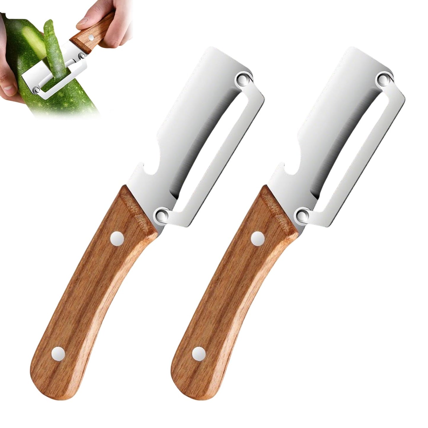 2-in-1 Multifunctional Vegetable Peeler, Premium Vegetable Peeler with Wooden Handle and Bottle Opener, Kitchen Tool for Fruit Apple Potato Pumpkin Papaya (2PCS)