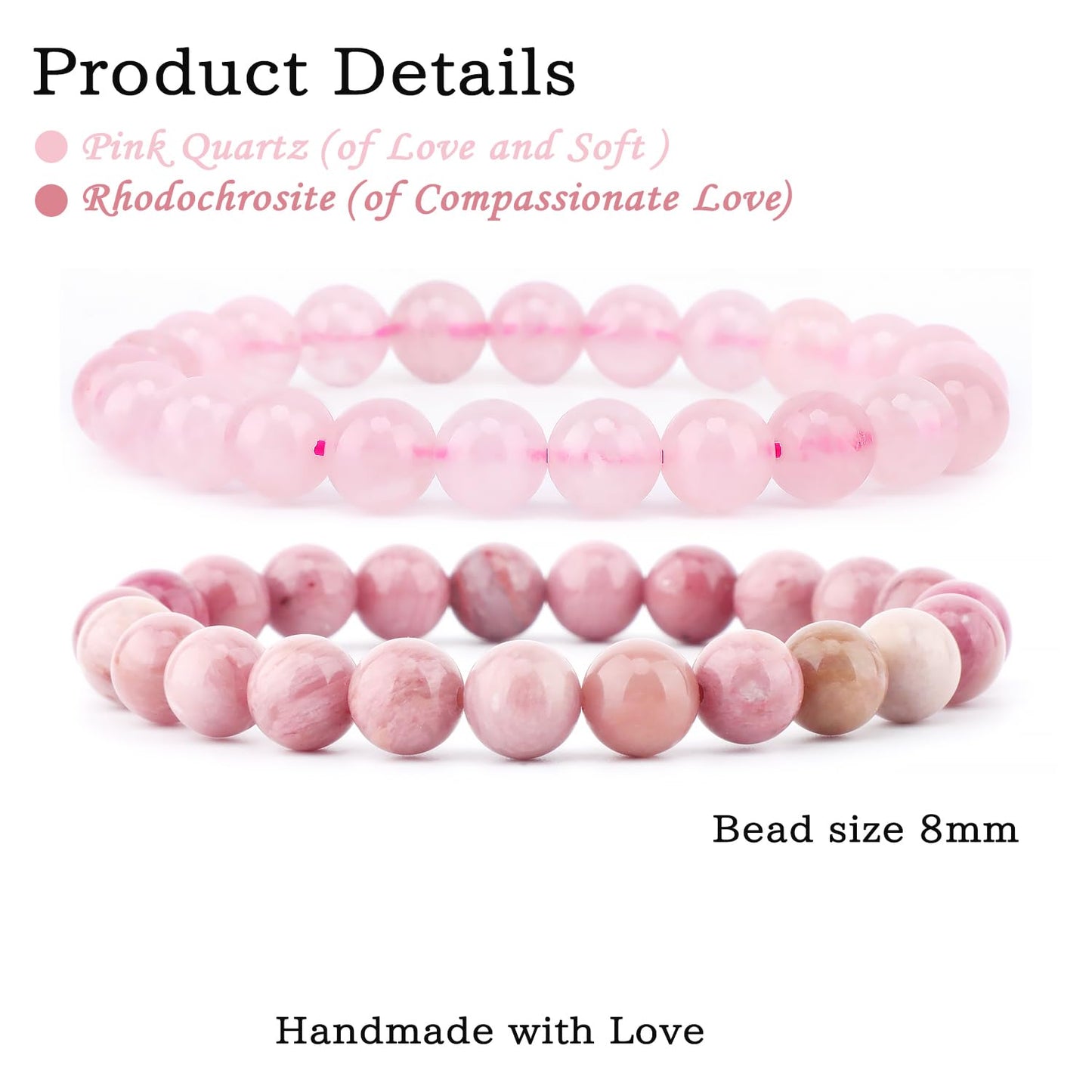 NCB 2-Piece 8mm Natural Crystal Gemstone Stretch Bracelets – ﻿Pink Quartz, Rhodochrosite Handmade Reiki Energy Healing Jewelry for Meditation,Yoga, Unisex