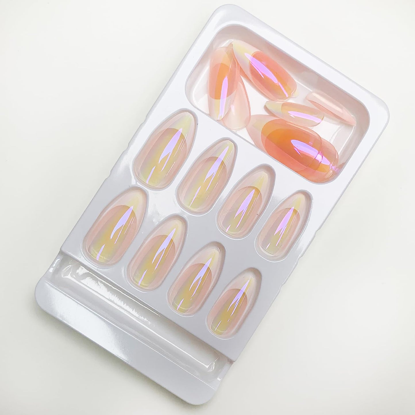 French Tips Press On Nails Almond Chrome Glossy Pearl Powder Full Cover Acrylic Nails with Mirror Glue Ons for Women - 24 Pcs
