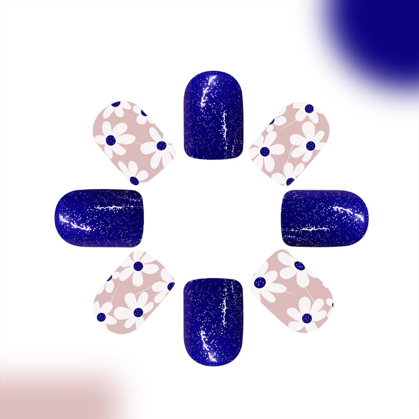 Short Press on Nails Square Fake Nails with navy blue Glitter Designs Cute Flower Nails Press ons Spring Summer False Nails Reusable Full Cover Floral Glue on Nails for Women Spring Nail Art Decor