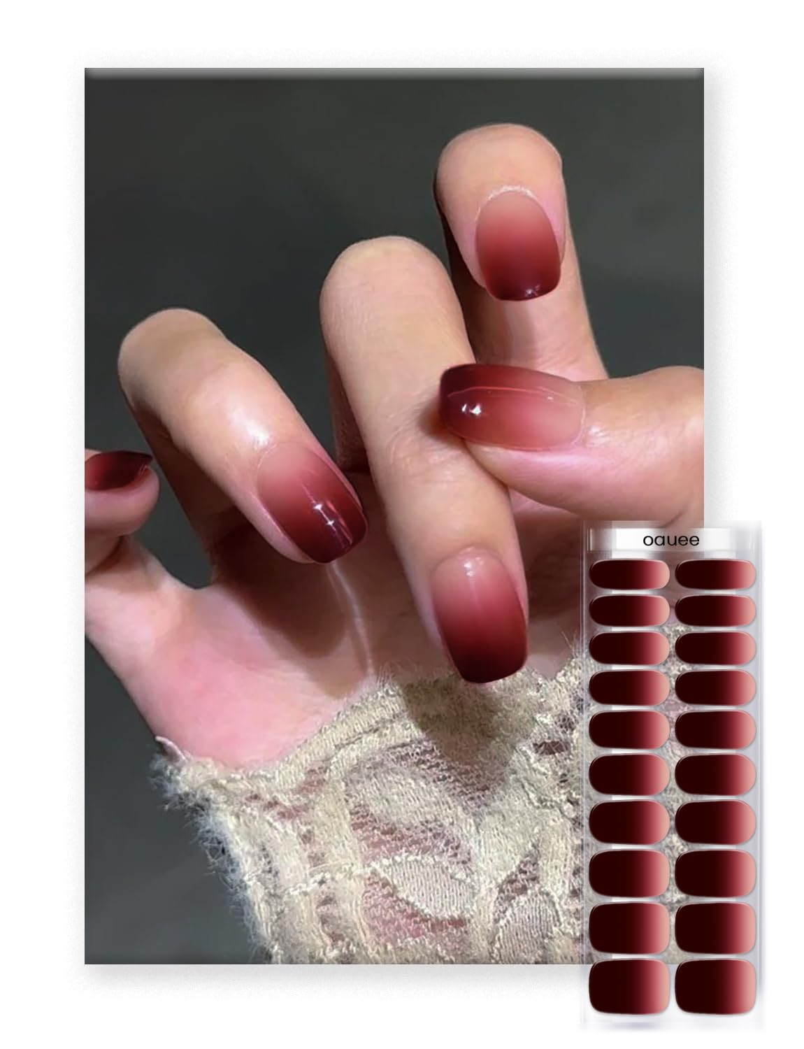 Oauee Semi Cured Gel Nail Strips | Built-In Gel Top Coat | UV Light Required | Salon Quality, Easy Application And Removal (Red wine color & nude pink gradient）