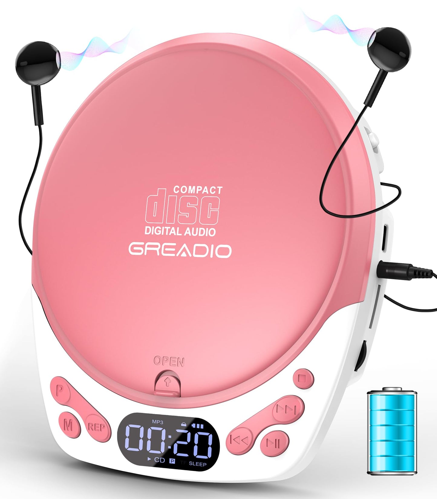 Greadio Discman CD Player with Headphones, Portable Pink CD Player for Car & Home, Rechargeable CD Players with 60s Anti-Skip, Supports CD/MP3/WMA/TF Card/AUX, Backlit/Lock/Programmable/Timer