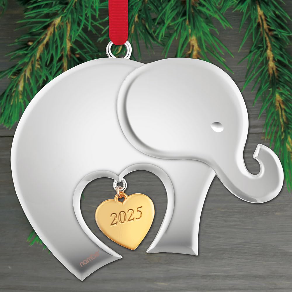 Nambé Baby’s First Christmas 2025 Ornament - Elephant Design with Heart Engraving, Symbol of Luck & Unity - Holiday Keepsake for Baby's First Tree, 4”L x 3.75”H, Cast Metal - Giftable Decor