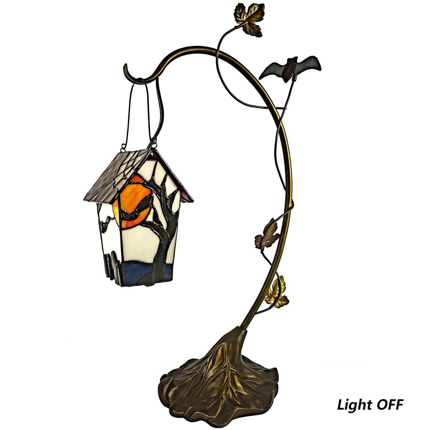 Bieye L10938 Spooky Graveyard Tiffany Style Stained Glass Birdhouse Table Lamp for Halloween Decor (21-inch High, Bat Nest)