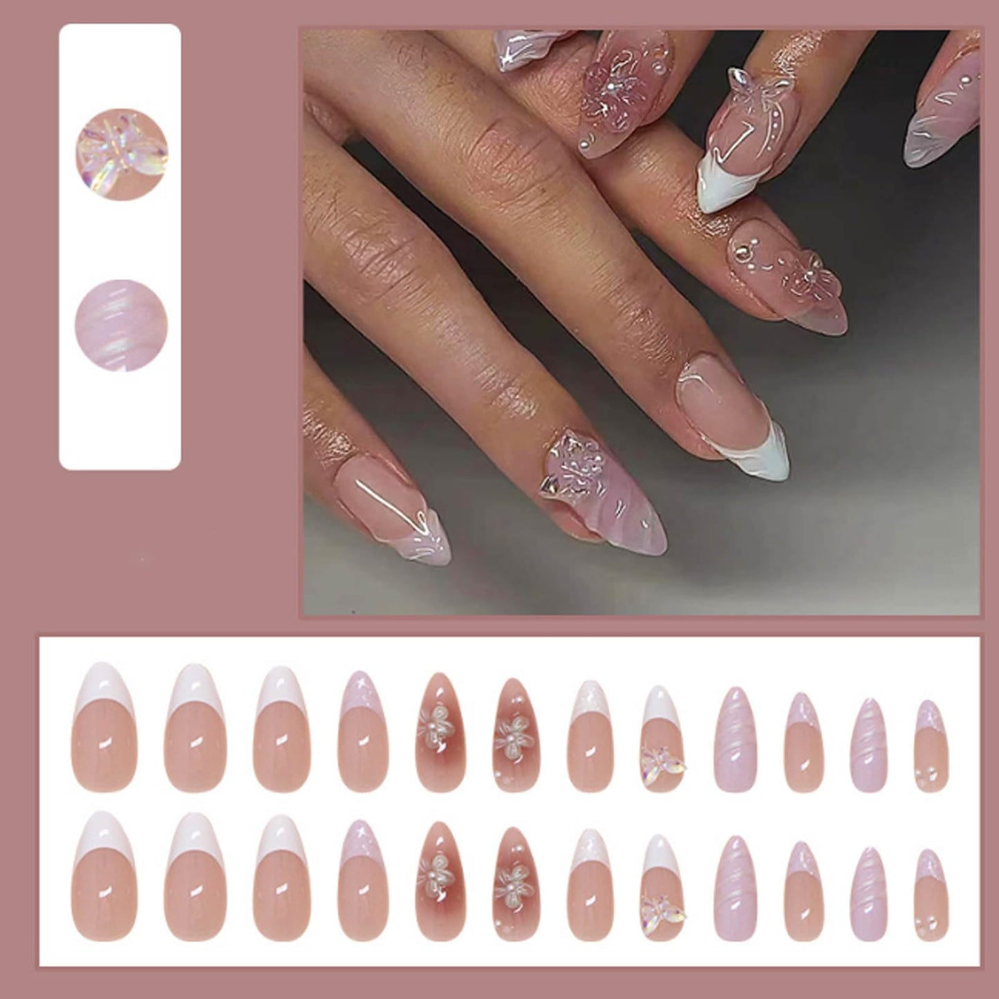 Hkanlre Almond Fake Nude Nails Tips Full Cover False Medium Nails Summer Flower Press on Nails for Women 24PCS