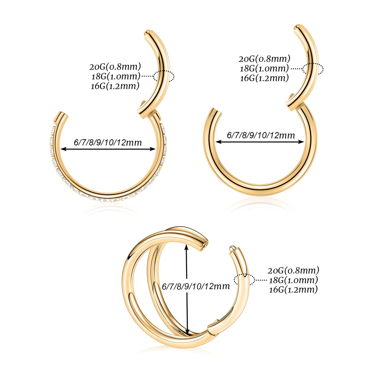 Conch Piercing Jewelry 16g Nose Hoop Double Hoop Septum Ring With CZ Clicker Surgical Steel Lip Rings Helix Earring Gold Cartilage 12mm