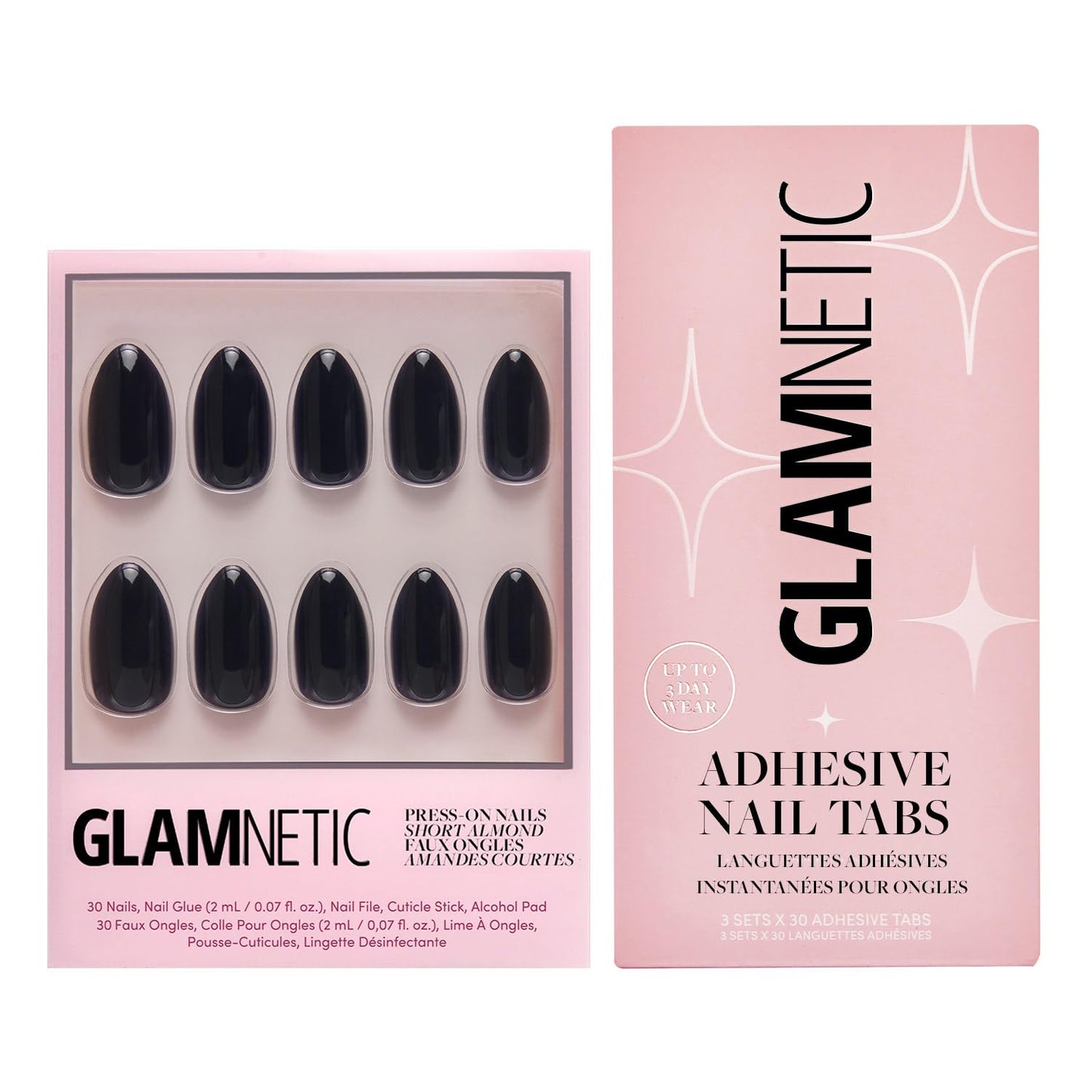 Glamnetic Press-On Nails & Adhesive Nail Tabs - Boba | Opaque Black Short Almond Nails, Reusable | 12 Sizes - 24 Nail Kit with Adhesive Tabs