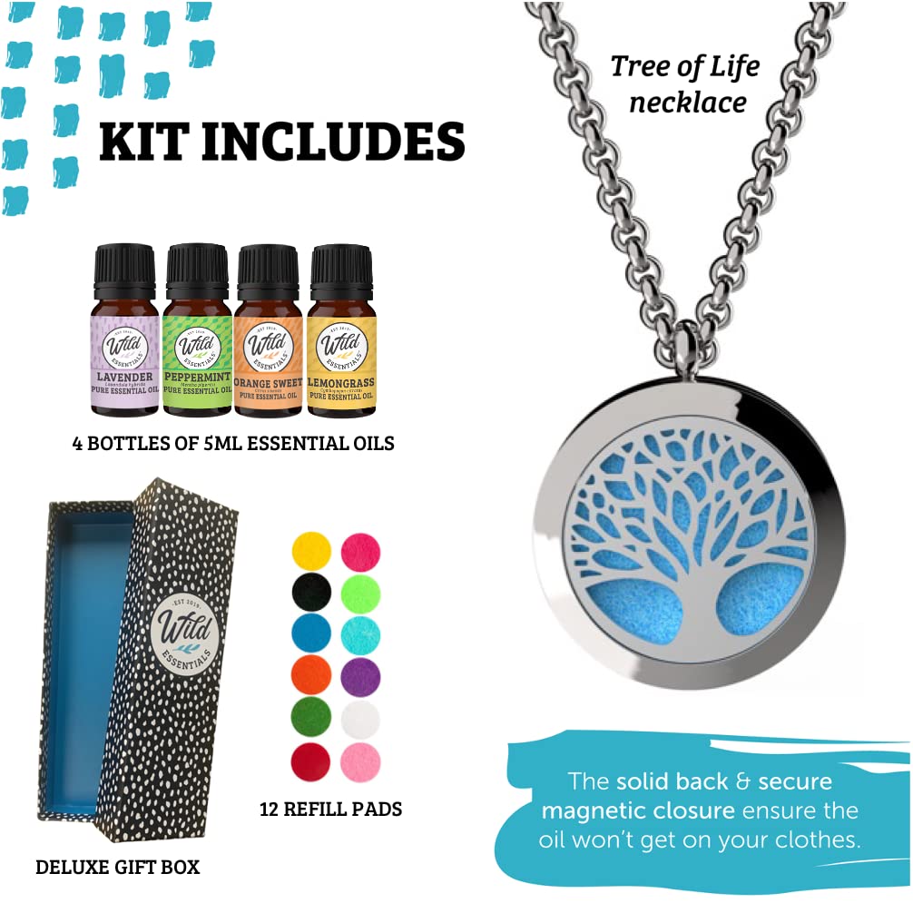 Wild Essentials Tree of Life Necklace Essential Oil Diffuser Kit With Lavender, Lemongrass, Peppermint, Orange Oils, 12 Refill Pads, Calming Aromatherapy Gift Set, Customizable Color Changing, Perfume