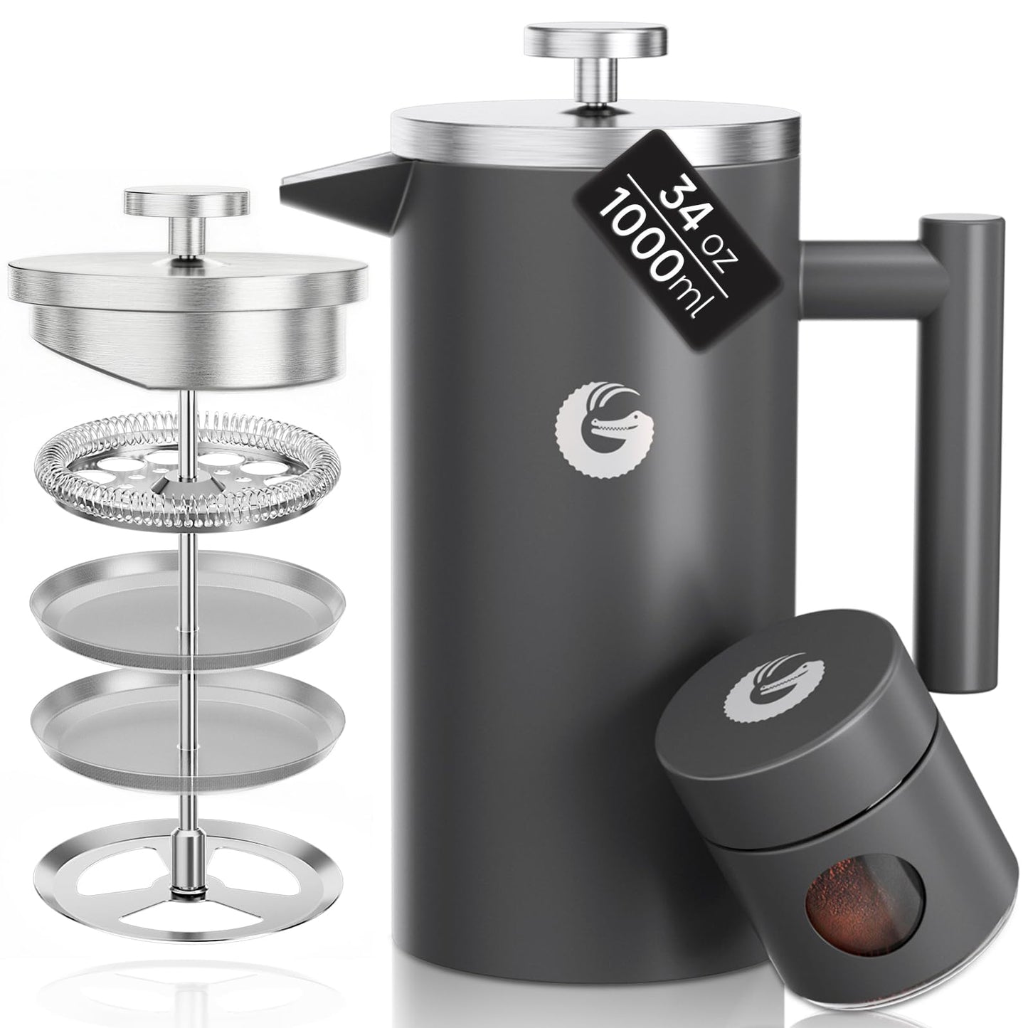 Coffee Gator 304 Grade Stainless Steel French Press Coffee Maker 34 oz, Double Wall Insulated Hot Cold Brew Teapot with 4-Level Filtration System, Include Travel Jar Canister, Kitchen, Gray