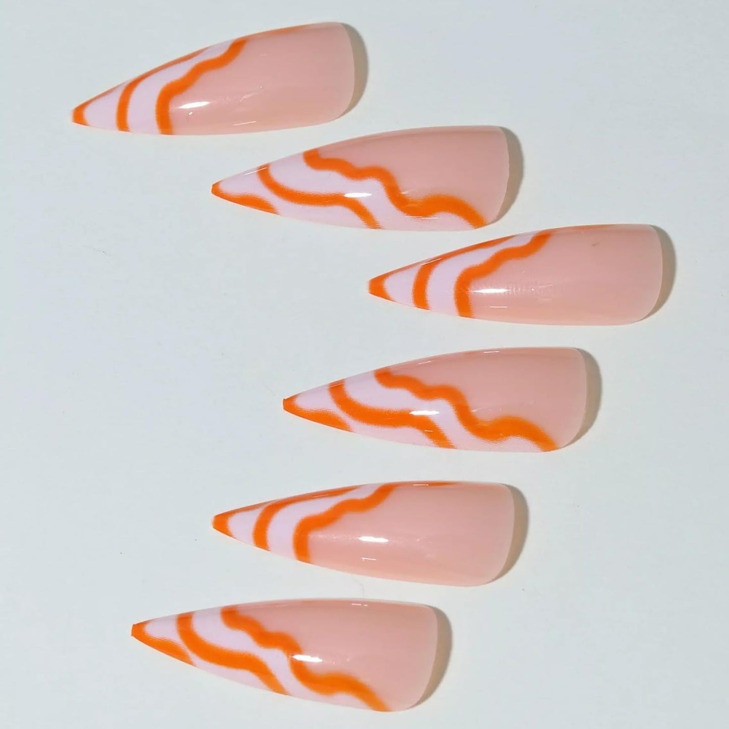 MISUD Press on Nails - Long Stiletto Glue on Nails with Orange Swirl, Acrylic Summer Design 24 pcs