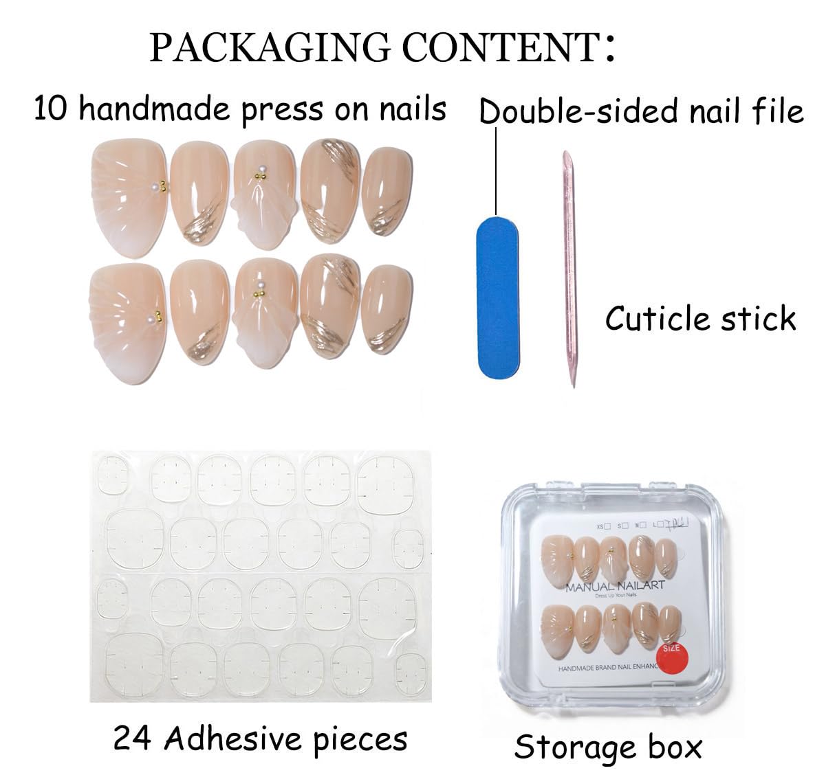10 Short Almond Handmade Press On Nails | Nude 3D Seashell & Gold Brushstroke Design with Pearl Accents | Salon-Quality, Easy Apply/Remove, Reusable & Long-Lasting (251211, XS)