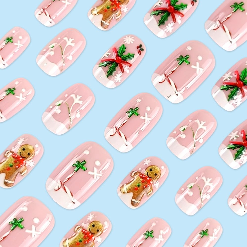 Christmas Press on Nails Medium, Square Winter French Fake Nails with Gingerbread Man Snowflake Designs, Acrylic Nails Press ons Artificial Nails Stick on Nails for Women 24Pcs
