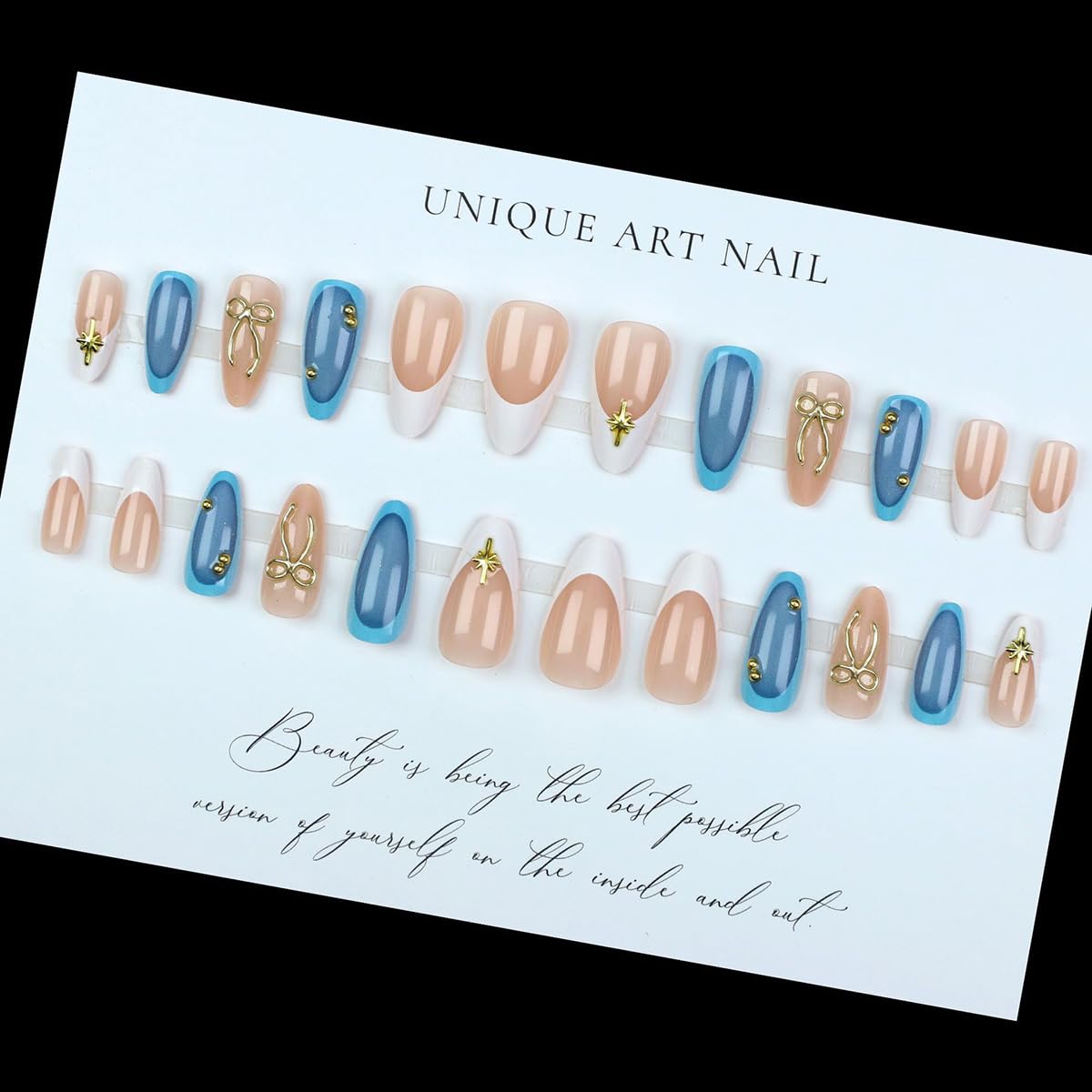 3D Gold Bow Press on Nails Glossy Blue Fake Nails Medium Almond False Nails with Star Design White French Tip Glue on Nails Full Cover Stick on Nails Cute Artificial Nails for Women Manicure 24Pcs