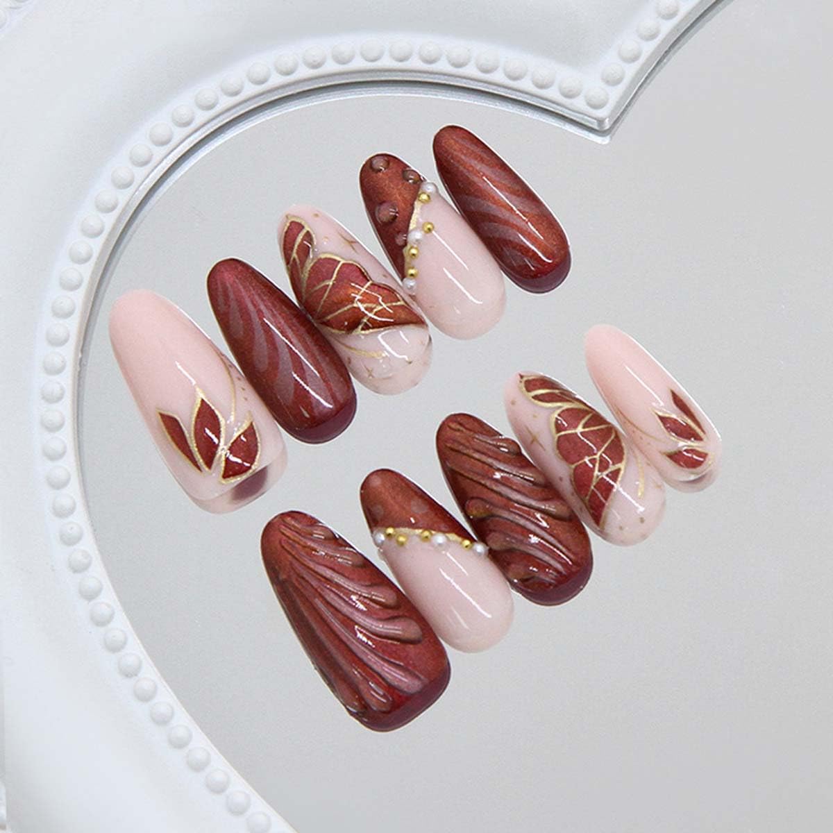 LINMEIZAI 24 Pcs Spring Press on Nails Short Almond Nude Fake Nails Press ons Nail Tips Glossy Butterfly Stick on Nails Acrylic Nail Kit with 3D Leaf & Gold Line Design False Nails Nail Art for Women