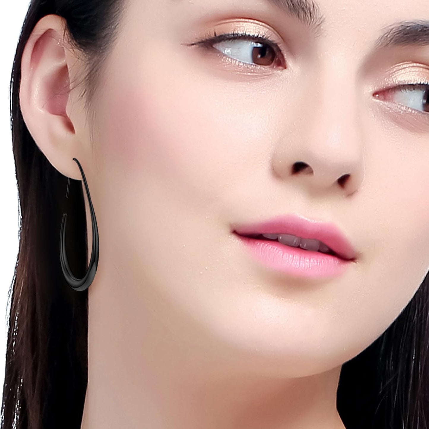 Lightweight Teardrop Hoop Earrings for Women - 14k Gold/White Gold Plated Large Oval Pull Through Hoop Earrings High Polished Statement Jewelry Gift for Women (black 50 * 30)