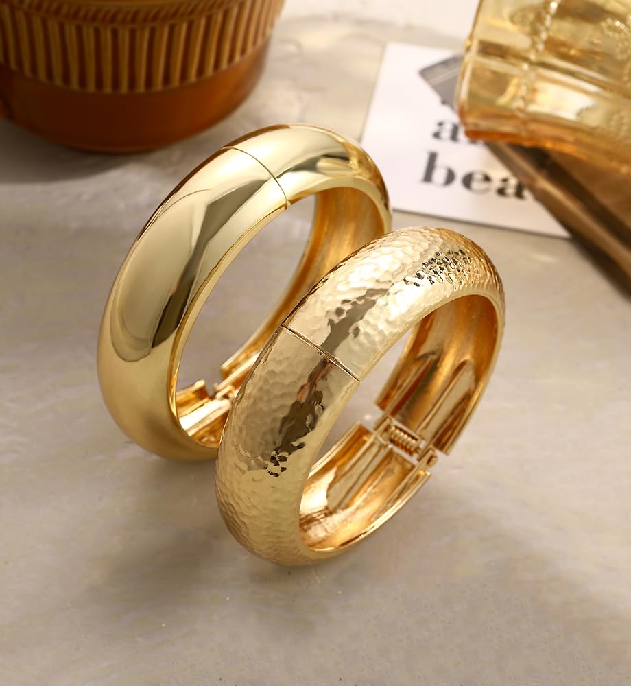 Chunky Gold Bangle Bracelets for Women, Dainty 14k Gold Plated Big Stackable Bangles Set, Trendy Statement Cuff Bracelet Stack Fashion Jewelry Gifts (2 Chunky bangles)