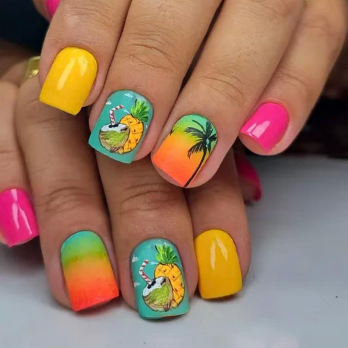 Tropical Press on Nails Short Square Fake Nails Summer Nails Press ons with Palm Tree & pineapple Design Full Cover Stick on Nails for Women Beach Manicure,Artificial | Reusable | Easy Apply | 24Pcs