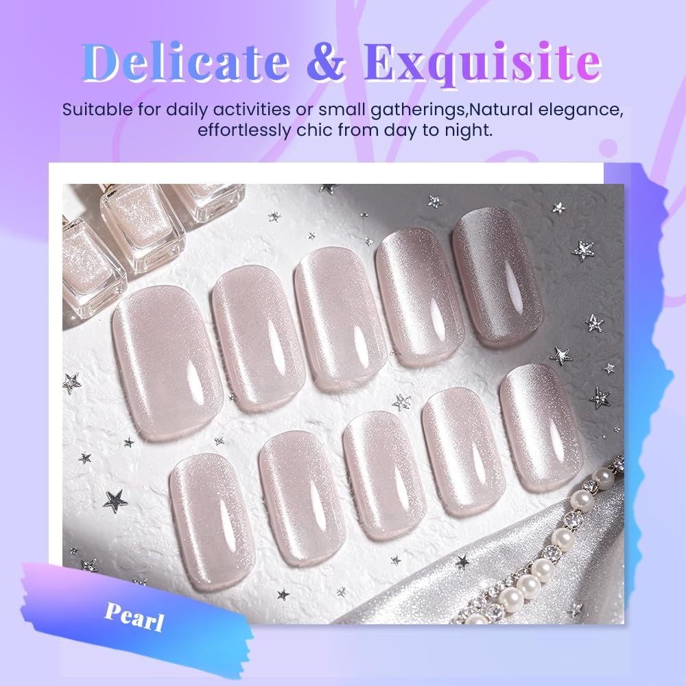 evpct Pearl Cat Eye Press on Nails Square Medium for Women, Pearl White Medium Square No Glue Stick on Nails with Cat Eye Design, Holographic Glossy Soft Nail, Reusable Press on Acrylic Fake Nail
