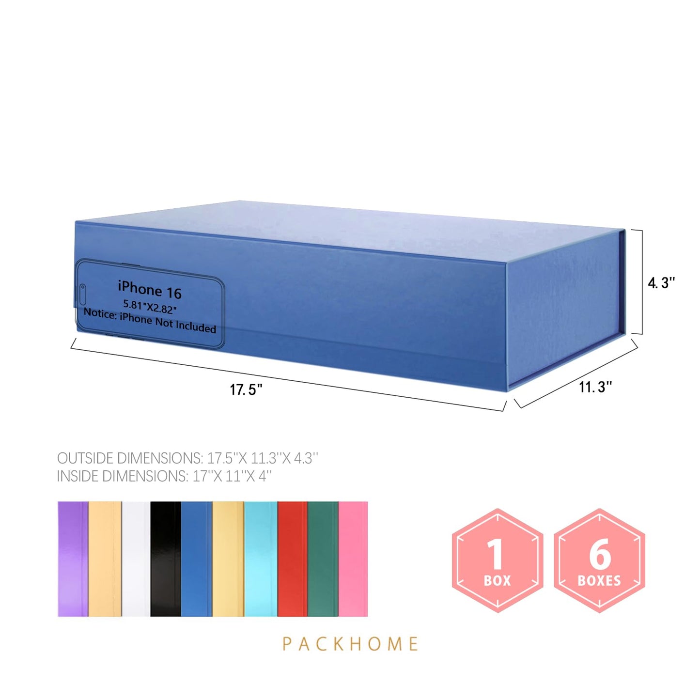 PACKHOME Extra Large Gift Box 17.5x11.3x4.3 Inches, Sturdy Shirt Box with Magnetic Lid for Clothes and Large Gifts (Glossy Blue)