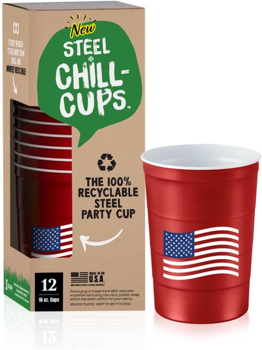 16 oz. Party Cups Flag Design for Cold Drinks, Sturdy and Durable, Disposable, Recyclable, Made in USA, Patriotic, Red, 12 Count