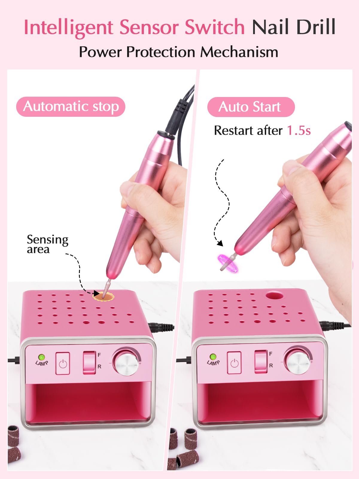 Subay Nail Drill Machine Electric File, Portable for Acrylic Gel Dip Powder Nails, Nail Drill Kit for Manicure Pedicure, Nail Set with Everything, Purple Pink