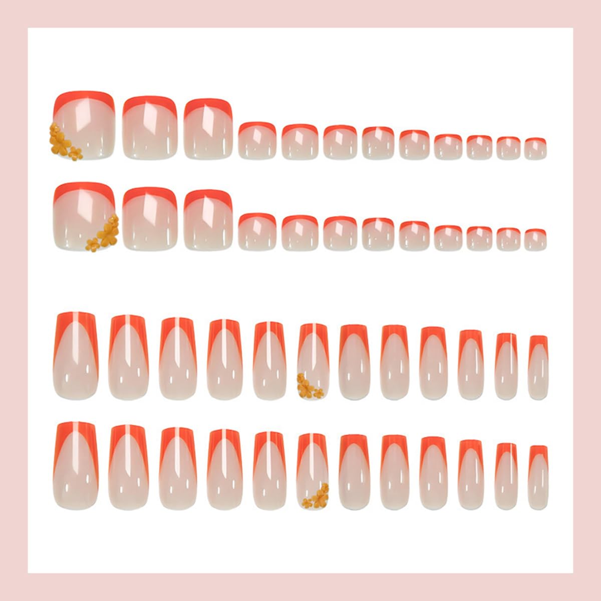 48Pcs Orange French Tip Press on Nails Short & Press on Toenails Set - Medium Fake Nails Press ons Nail Art Tips Cute Glue on Nails Full Cover Nude Fake Toe Nail Spring Flower Design Acrylic Nail Kit