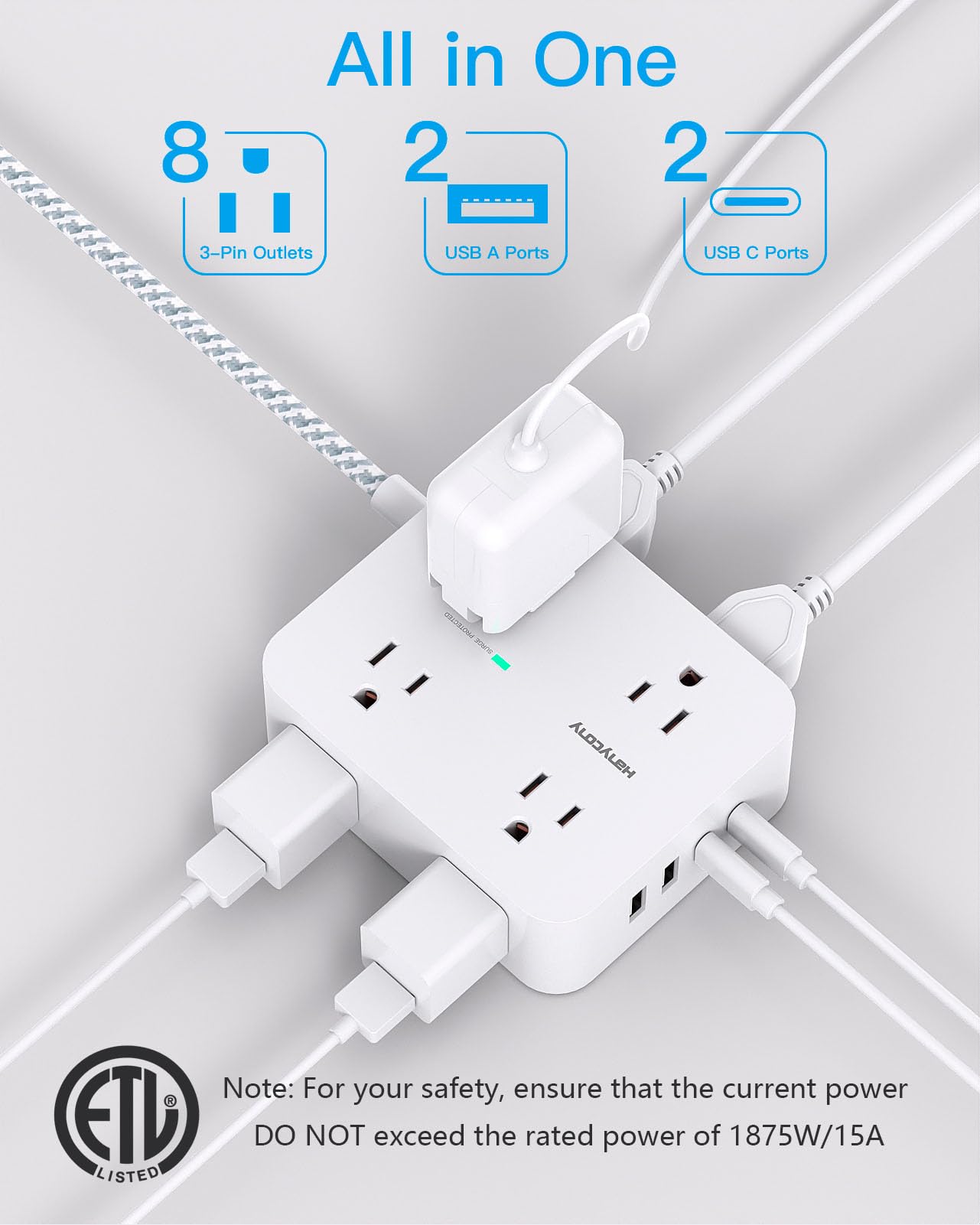 10 Ft Surge Protector Power Strip, HANYCONY Extension Cord with 8 AC Outlets 4 USB (2 USB C) Ports, Flat Plug, Wall Mount Desk USB Charging Station for Home