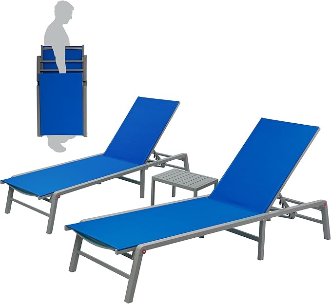 Kozyard 3-Pieces Patio Lounge Set, 2Foldable Adjustable Lounge Chairs and Side Table, Aluminum Frame, Breathable Textilene Fabric, Assemble-Free, Reclining to Flat for Pool, Beach (Blue)