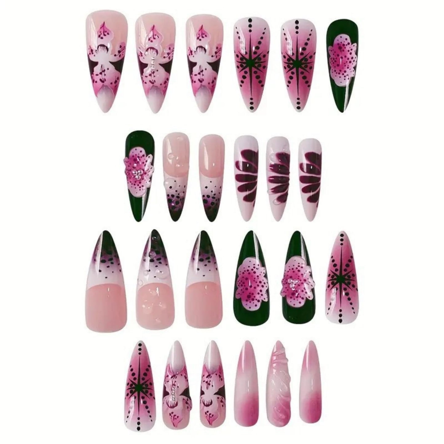 Long Press on Nails Almond Fake Nails Purple French Artificial Nail with 3D Flowers Designs Glitter Summer and Fall Cute Stick on Nail for Women 24pcs