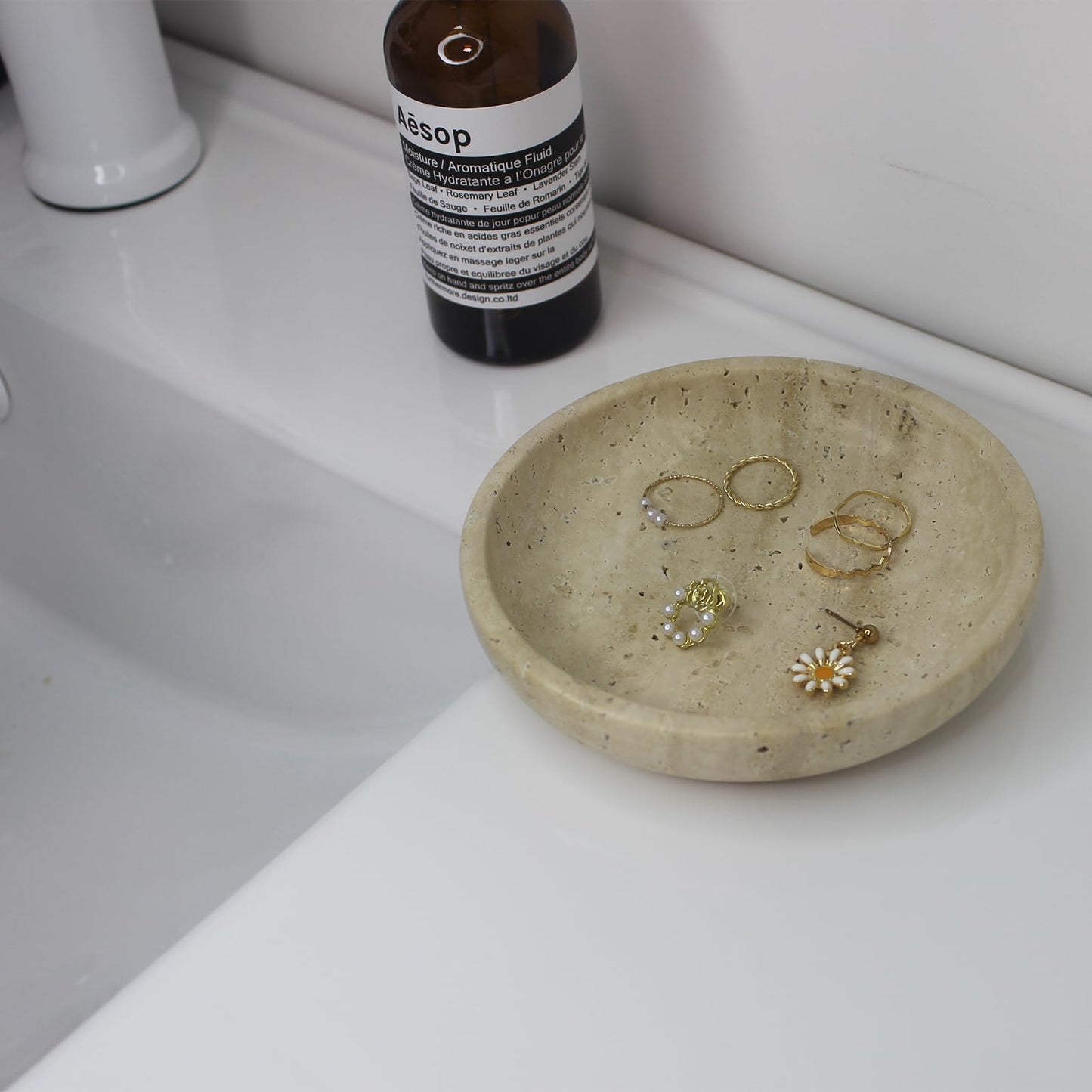 Nawgnail Natural Travertine Marble Jewelry Dish 5.5", Trinket Dish for Ring Earring, Gift for Woman Daugther(Beige Travertine)