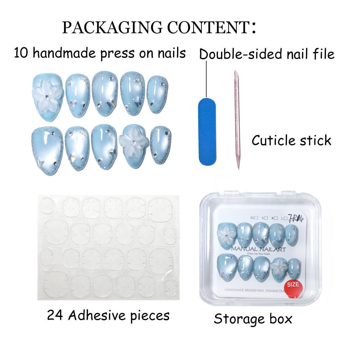 10 Pcs Short Almond Handmade Press On Nails | Sky Blue Cat Eye with 3D Floral & Rhinestone Accents | Reusable, Easy to Apply & Remove, Salon-Quality Manicure (RR16, M)