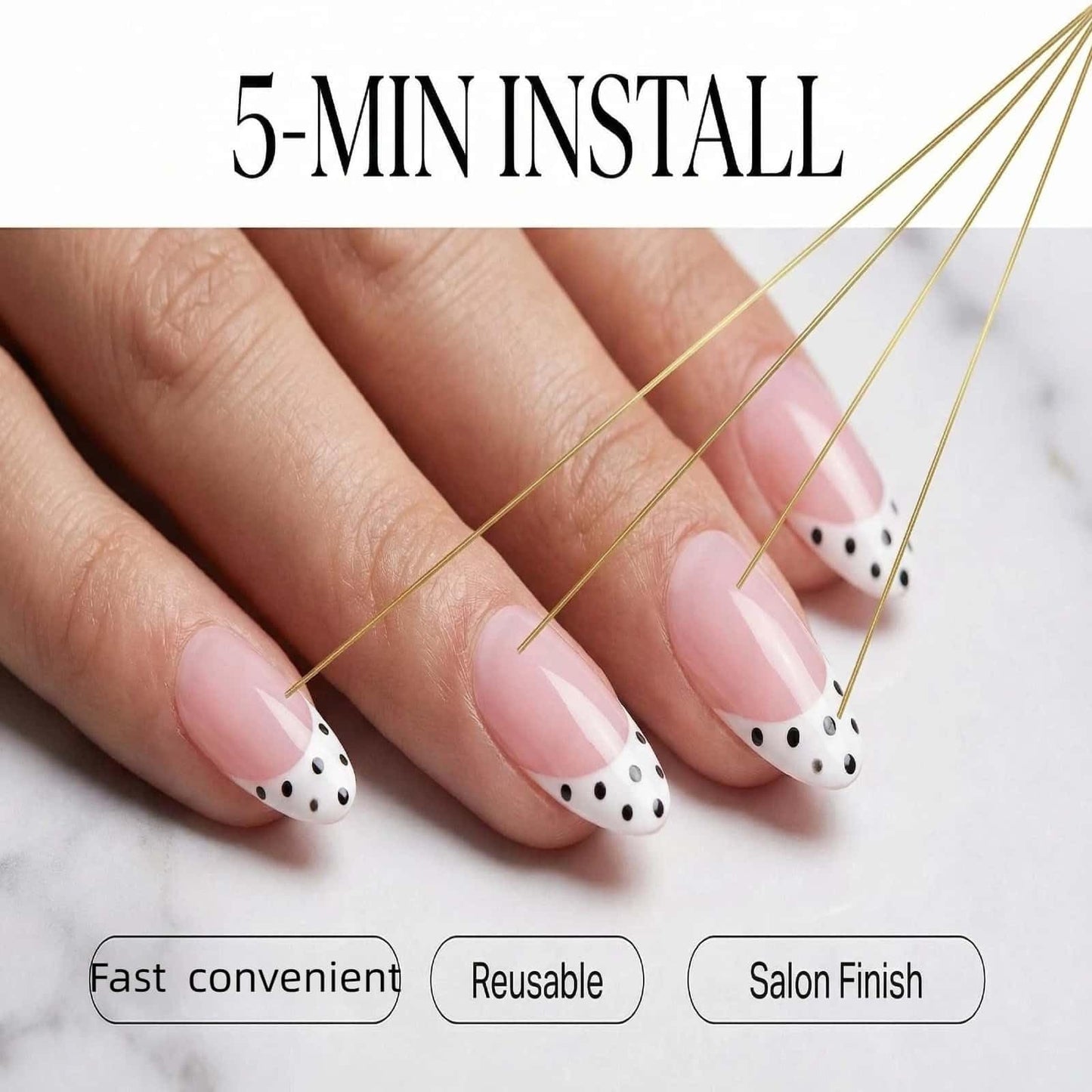 Polka Dot Press On Nails Medium Almond Fake Nails Nude Pink French Tips with Black & White Polka Dot Design Glossy Glue on Nails Reusable Artificial Nail Full Cover Sticker on Nails for Women 24 Pcs